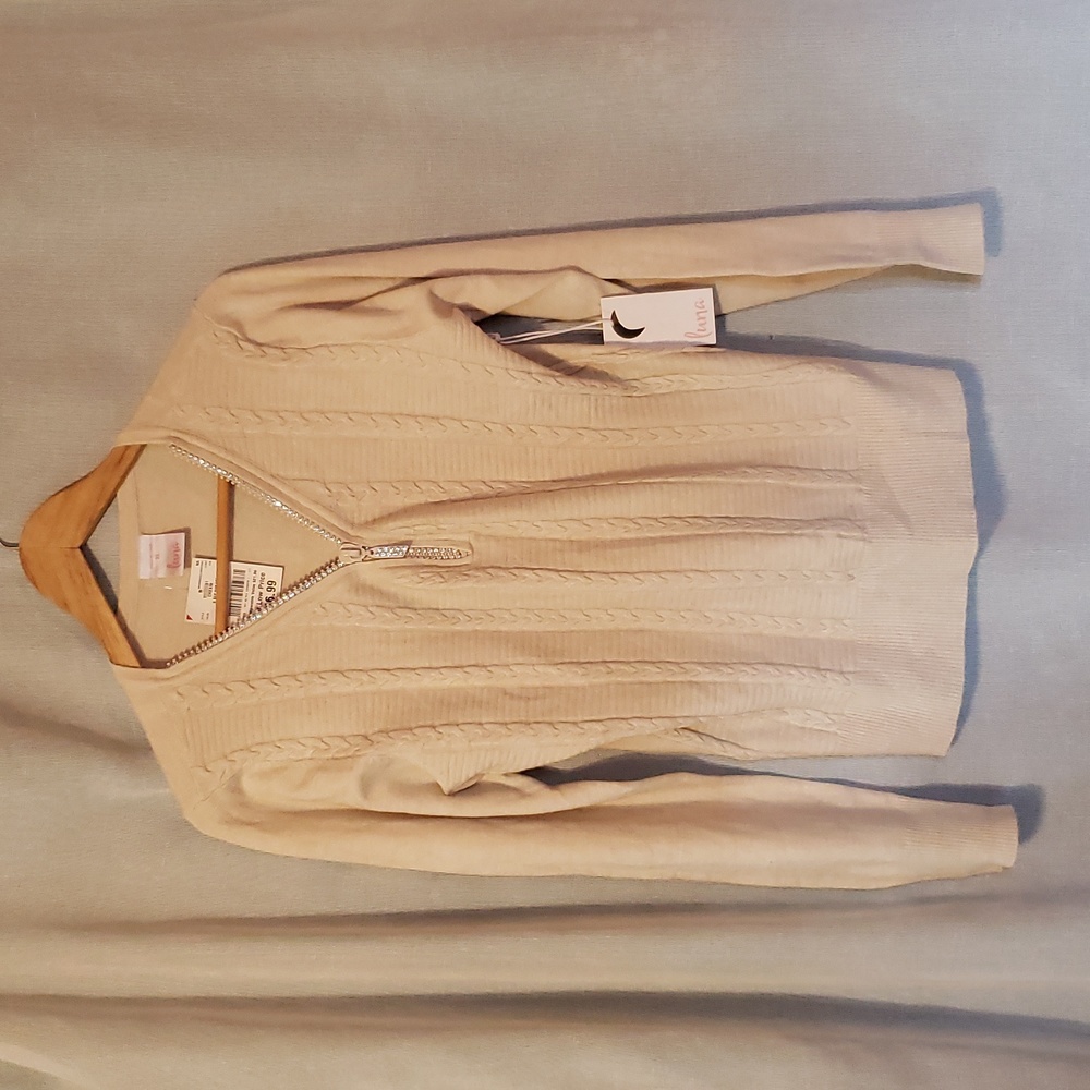 Luna ivory cable knit sweater with bling zipper v-neck, soft stretch NWT
